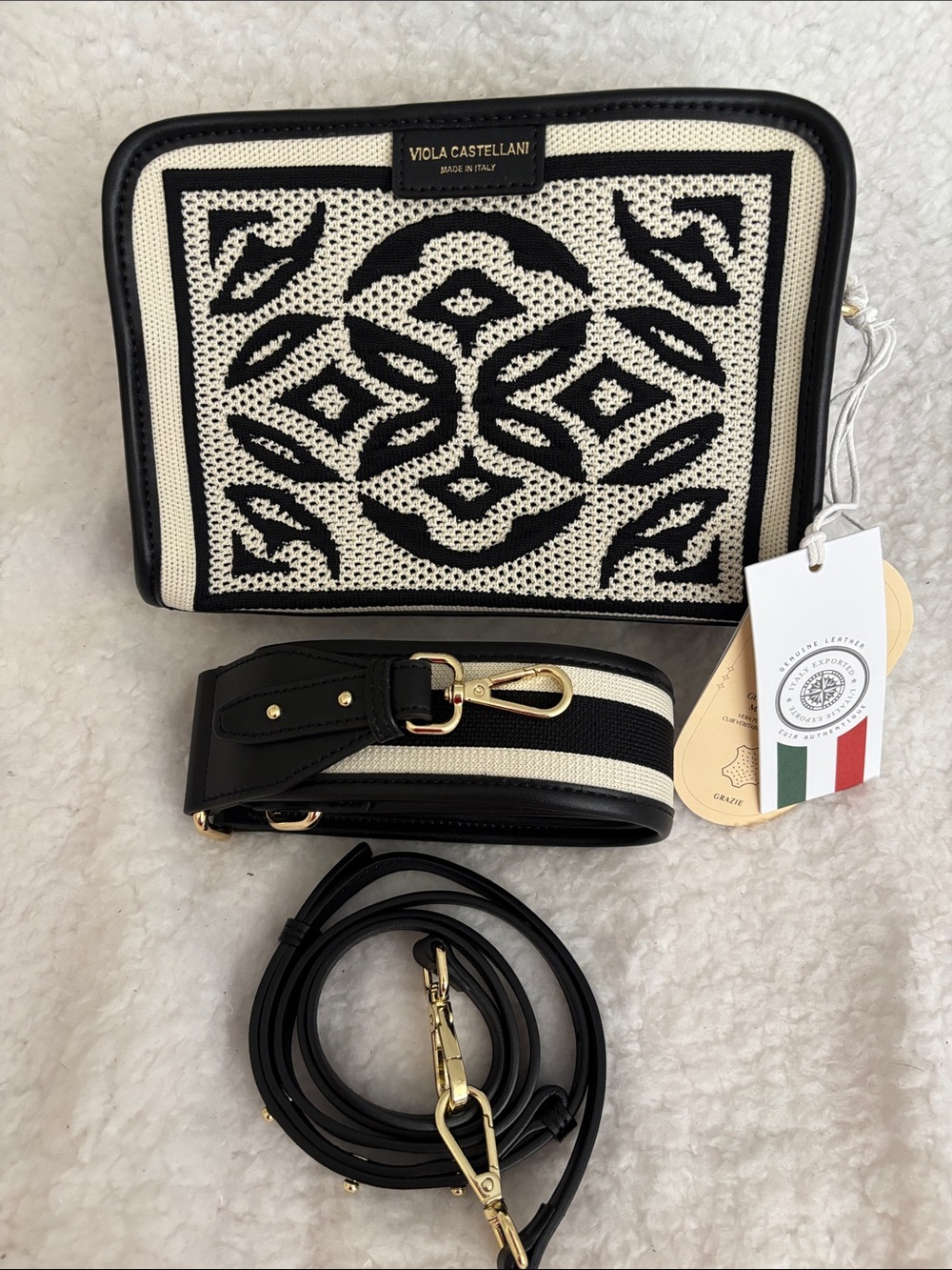 Italian-Made Black & Cream Woven Crossbody Bag with Detachable Strap